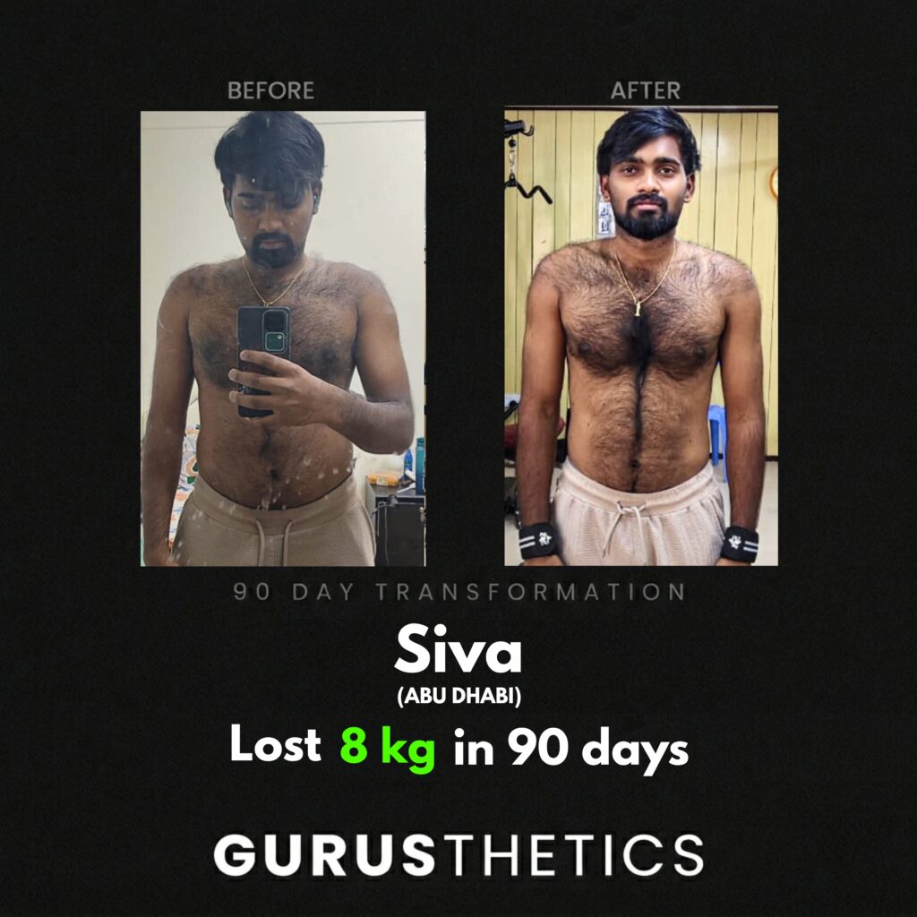90 days online fitness transformation client from abu dhabi from gurusthetics online fitness transformation program